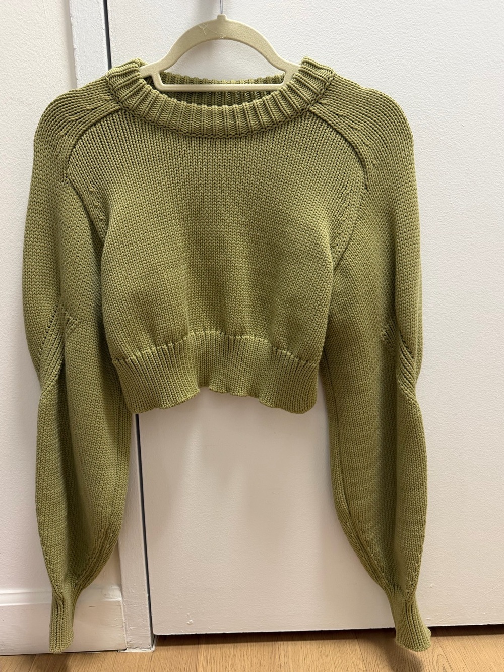 Tibi Olive Cropped Crewneck Sweater with Open Back